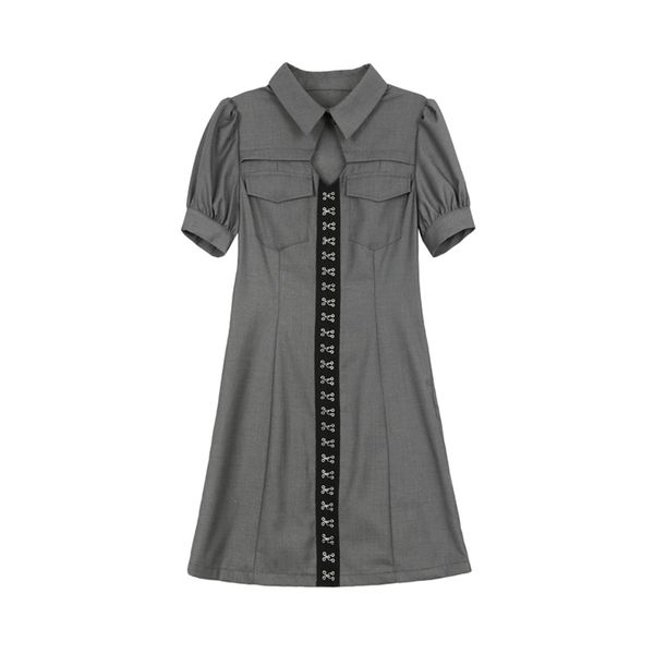 gray black turn down collar short sleeve mini dress elegant solid summer women female d1958 210514, Black;gray